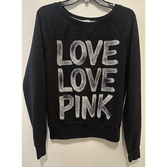 VICTORIA’S SECRET PINK LOVE LOVE PINK HEART ON BACK BLACK PULLOVER SWEATER SZ S - Picture 1 of 4